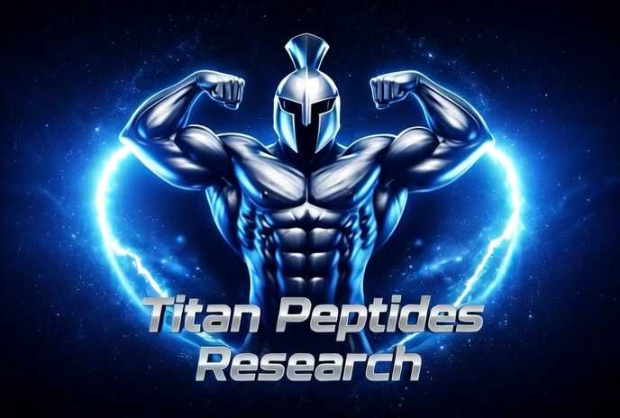 Titan Peptides Research logo – muscular Spartan warrior flexing with glowing blue energy orb, premium research peptides branding