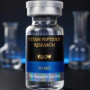Titan Peptides Research GLOW 70mg vial research compound for laboratory use only with biotechnology lab background