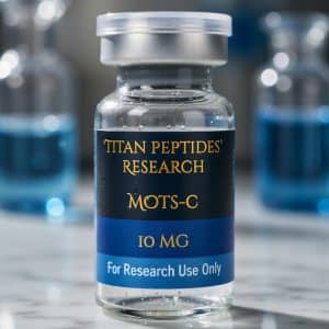 Titan Peptides Research MOTS-C 10mg vial research compound for laboratory use only with biotechnology lab background