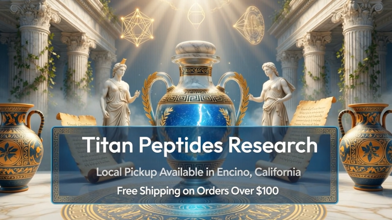 Titan Peptides Research laboratory compound vial hero banner with text showing local pickup available in Encino California and free shipping over $100